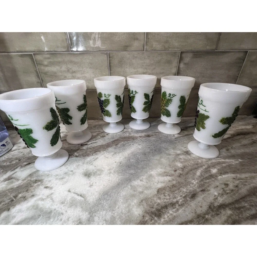 Anchor Hocking Harvest Grape Design Milk-Glass Goblets Circa 1950s Rare Painted